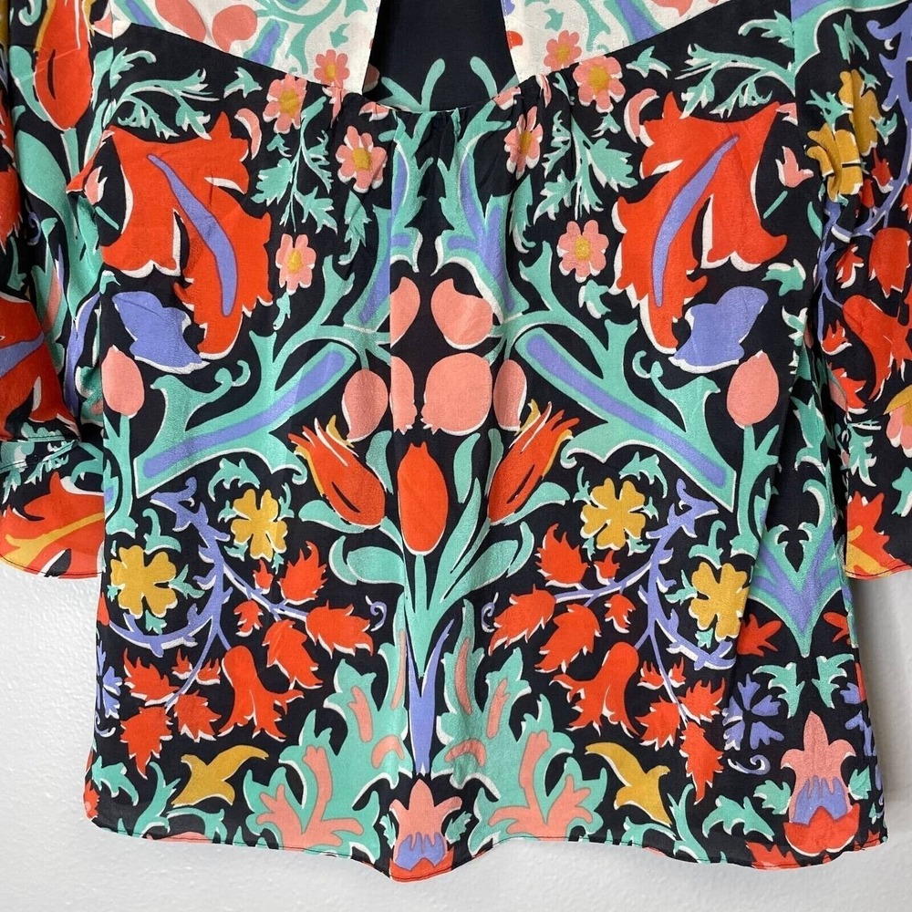 Maeve Silk Top Womens 0 Black Floral Bell Sleeve Ruffle Folkart Print Blouse - Picture 8 of 11
